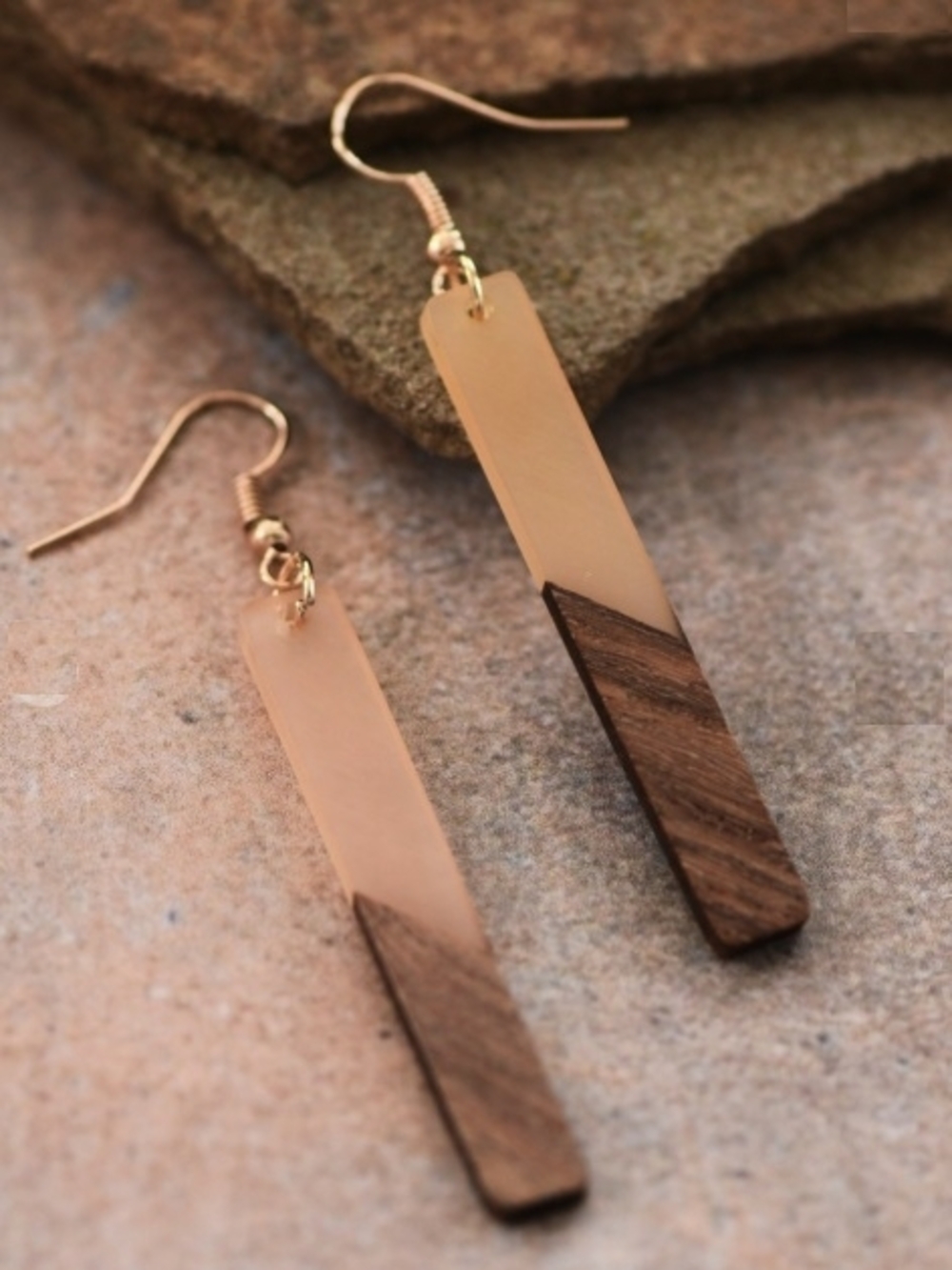 Gold and Brown Rectangular Resin & Wood Dangle Earrings - Women Jewelry